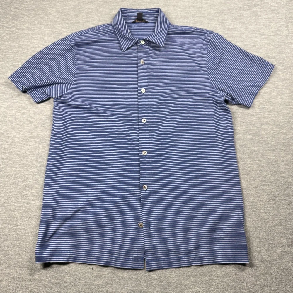 Banana Republic Shirt Men‎ L Blue White Striped Short Sleeve Jersey Cotton Polo